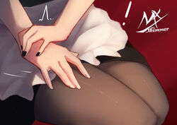  ! 2girls alternate_costume angel_girl_(shimmer) apron artist_logo artist_name black-haired_demon_girl_(shimmer) black_dress black_nails brown_legwear dress enmaided gradient_background hand_on_another&#039;s_leg highres maid multiple_girls nail_polish original pantyhose red_background shimmer shiny_clothes sitting yuri 