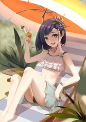  :d absurdres armrest asymmetrical_hair bare_shoulders barefoot beach beach_umbrella bikini bikini_skirt blue_bikini blue_flower blue_hair blue_ribbon blurry blurry_background bob_cut bright_pupils chair champagne_flute cocktail_umbrella collarbone commentary cup darling_in_the_franxx depth_of_field drink drinking_glass english_commentary female flower foliage frilled_bikini frills full_body glass grass green_eyes hair_flower hair_ornament hakoyoo hand_up highres holding holding_cup holding_drink ichigo_(darling_in_the_franxx) knees_up leaning_back looking_at_viewer looking_to_the_side lounge_chair navel on_chair open_mouth outdoors ribbon short_hair sitting smile solo stomach swimsuit table teeth two-tone_bikini umbrella upper_teeth_only white_bikini white_flower white_pupils wrist_ribbon 