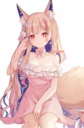  animal_ear_fluff animal_ears bare_shoulders blonde_hair blush bow bowtie breasts cleavage closed_mouth collarbone copyright_request dress feet_out_of_frame female fox_ears fox_girl fox_tail hand_up long_hair looking_at_viewer medium_breasts multicolored_hair off-shoulder_dress off_shoulder oninaart pink_bow pink_bowtie pink_dress purple_hair red_eyes simple_background single_sidelock sitting smile solo sparkle star-shaped_pupils star_(symbol) symbol-shaped_pupils tail thick_eyebrows two-tone_hair very_long_hair white_background 