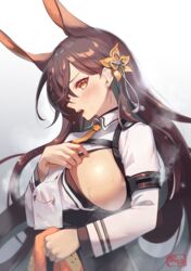  animal_ears azur_lane breasts brown_hair character_print chikuma_(azur_lane) collared_shirt commentary_request earrings female flower hair_between_eyes hair_flower hair_ornament highres holding holding_towel jewelry large_breasts long_hair long_sleeves looking_at_viewer manjuu_(azur_lane) mole mole_under_mouth necktie open_mouth orange_eyes orange_necktie print_towel rabbit_ears shimotsuki_shio shirt sideboob simple_background solo steaming_body sweat towel upper_body white_shirt 