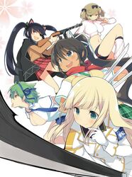  5girls :3 :d animal_ears armband asuka_(senran_kagura) asuka_(senran_kagura)_(cosplay) black_hair black_ribbon blonde_hair blue_eyes blue_neckwear blue_ribbon blue_skirt blush breasts brown_hair buruma cat_ears cleavage commentary_request cosplay dress eyepatch finger_to_own_chin flat_chest flower flower_(symbol) gloves green_dress green_eyes green_hair green_neckwear gun hair_ornament hair_ribbon haruka_(senran_kagura) hibari_(senran_kagura) hibari_(senran_kagura)_(cosplay) highres hikage_(senran_kagura) holding holding_gun holding_sword holding_weapon homura_(senran_kagura) huge_breasts ikaruga_(senran_kagura) ikaruga_(senran_kagura)_(cosplay) jacket katana katsuragi_(senran_kagura) katsuragi_(senran_kagura)_(cosplay) large_breasts leaning_forward leg_warmers long_hair mirai_(senran_kagura) multiple_girls navel necktie official_art open_clothes open_mouth open_shirt pink_flower plaid plaid_dress plaid_skirt ponytail ppsh-41 red_eyes red_scarf red_skirt ribbon scarf school_uniform senran_kagura shirt short_hair short_twintails shuriken simple_background skirt slit_pupils smile socks submachine_gun sword symbol-shaped_pupils tan tongue tongue_out track_jacket twintails unbuttoned very_long_hair vest weapon white_background white_gloves white_ribbon white_shirt yaegashi_nan yagyu_(senran_kagura) yagyu_(senran_kagura)_(cosplay) yellow_eyes yomi_(senran_kagura) zipper 