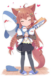  ^_^ ahoge animal_ears black_pantyhose black_skirt braid brown_hair closed_eyes commentary_request facing_viewer female hair_ornament hairclip heart highres long_hair makuran momiji_(makuran) original pantyhose skirt slippers smile solo split_mouth stuffed_animal stuffed_shark stuffed_toy tail thick_eyebrows translation_request twin_braids very_long_hair wooden_floor 