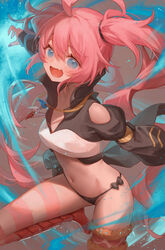  :d ahoge asymmetrical_legwear black_panties blue_eyes breasts clothing_cutout commentary crop_top female hair_between_eyes highres long_hair long_sleeves looking_at_viewer metatarou midriff milim_nava navel open_mouth panties petite pink_hair shoulder_cutout single_thighhigh small_breasts smile solo stomach striped_clothes striped_thighhighs tensei_shitara_slime_datta_ken thighhighs twintails underwear uneven_legwear very_long_hair 