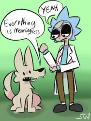  3:4 adult_swim ambiguous_gender awoo_(ac_stuart) blue_hair canid canine canis cartoon_network clothing coat dialogue duo english_text feral green_background hair human lab_coat male mammal nihilism rick_and_morty rick_sanchez simple_background skylarweston3 speech_bubble spiky_hair tan_body text tim_(ac_stuart) toony topwear wolf 