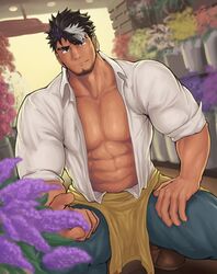  1boy abs absurdres apron bara blue_pants blurry closed_mouth come_hither depth_of_field eyebrow_cut facial_hair flower flower_shop full_body hand_on_own_thigh highres ko_shushu large_pectorals lilac lilac_(live_a_hero) live_a_hero looking_at_viewer male_focus mature_male multicolored_hair muscular muscular_male name_connection navel object_namesake open_clothes open_shirt orange_flower pants pectoral_cleavage pectorals pink_flower pink_rose purple_flower rose shirt shoes shop short_hair sleeves_rolled_up solo squatting stomach stubble thick_arms thick_eyebrows thick_thighs thighs white_flower white_shirt yellow_flower 