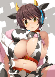  animal_ears animal_print bare_shoulders blush breasts brown_eyes brown_hair cleavage collar cow_ears cow_horns cow_print elbow_gloves fake_animal_ears female gloves halterneck headset highres horns idolmaster idolmaster_cinderella_girls inue_shinsuke large_breasts looking_at_viewer navel oikawa_shizuku pink_gloves pink_thighhighs short_hair solo thighhighs 