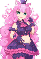  alternative_fashion animal_humanoid blue_eyes blush breasts cat_humanoid clothing crown cyber_lolita cyberpop domestic_cat felid felid_humanoid feline feline_humanoid felis female fluffy_ears hair headgear heart_symbol hi_res humanoid j-fashion legwear lolita_(fashion) long_hair machikado07 mammal mammal_humanoid navel open_mouth pantyhose pink_hair sanrio show_by_rock!! simple_background solo sumomone_(show_by_rock!!) 