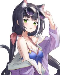  animal_ear_fluff animal_ears bikini black_hair blue_bikini blush breasts cat_ears cat_girl cat_tail cleavage commentary eyewear_on_head female fingernails green_eyes hair_ribbon hand_up jacket karyl_(princess_connect!) karyl_(summer)_(princess_connect!) long_hair looking_at_viewer low_twintails medium_breasts mint_(psmin30) multicolored_hair oerba_yun_fang open_mouth princess_connect! purple_jacket red_ribbon ribbon simple_background solo streaked_hair sunglasses sweatdrop swimsuit tail twintails upper_body white_background white_hair 