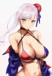  absurdres american_flag american_flag_bikini american_flag_print bad_id bad_twitter_id bare_shoulders bikini bikini_top_only blue_eyes breasts closed_mouth collarbone cosplay fate/grand_order fate_(series) female flag_print front-tie_bikini_top front-tie_top hair_bun highres jacket katase_bono lips looking_at_viewer medium_breasts miyamoto_musashi_(fate) miyamoto_musashi_(swimsuit_berserker)_(fate) miyamoto_musashi_(swimsuit_berserker)_(second_ascension)_(fate) navel off_shoulder pink_hair print_bikini simple_background single_hair_bun solo star_(symbol) star_print stomach striped sweat sweatdrop swimsuit upper_body 