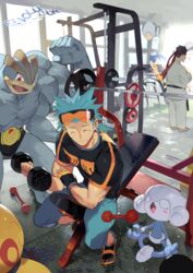  2boys artist_name battle_girl_(pokemon) black_belt_(pokemon) blue_hair brawly_(pokemon) closed_eyes closed_mouth dumbbell e_volution exercising female fingerless_gloves gloves green_pants gym headband holding indoors machamp makuhita meditite multiple_boys pants pokemon pokemon_(creature) pokemon_oras ponytail red_headband short_sleeves sitting spiked_hair standing sweatdrop weightlifting 