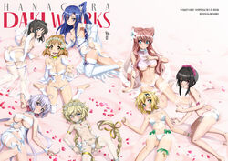  6+girls :d akatsuki_kirika all_fours ass bare_arms bare_legs barefoot black_hair blonde_hair blue_eyes blue_hair bra breasts bridal_veil brown_eyes brown_hair carol_malus_dienheim cleavage closed_mouth detached_sleeves diadem flower fujikawa_daichi green_eyes grey_eyes grey_hair groin hair_between_eyes hair_flower hair_intakes hair_ornament head_wreath high_ponytail kazanari_tsubasa kneeling kohinata_miku large_breasts long_hair long_sleeves looking_at_viewer lying maria_cadenzavna_eve multiple_girls navel on_back on_side open_mouth panties petals pink_hair purple_eyes reaching reaching_towards_viewer red_flower red_rose rose senki_zesshou_symphogear shiny_skin short_hair short_hair_with_long_locks side_ponytail sideboob small_breasts smile strapless strapless_bra tachibana_hibiki_(symphogear) thigh_gap tsukuyomi_shirabe underboob underwear underwear_only veil very_long_hair white_bra white_leg_warmers white_panties white_sleeves yukine_chris 