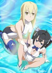  2girls aiz_wallenstein bare_shoulders black_hair blonde_hair blue_eyes blue_footwear blue_ribbon boots breasts cleavage cleavage_cutout clothing_cutout commentary dress dungeon_ni_deai_wo_motomeru_no_wa_machigatteiru_darou_ka epo_(sneya) feet gloves hair_ribbon hestia_(danmachi) large_breasts long_hair midriff multiple_girls pout rei_no_himo ribbon sandals short_shorts shorts sleeveless thigh_boots thighhighs toes twintails water white_dress white_gloves yellow_eyes 