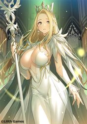  afk_arena belinda_(afk_arena) blonde_hair blush breasts center_opening cleavage cloak commentary_request covered_navel crown detached_sleeves dress earrings female forehead green_eyes green_nails jewelry large_breasts long_hair looking_at_viewer mole mole_under_eye official_art parted_bangs parted_lips popqn solo staff white_cloak white_dress 