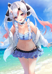  beach bikini blue_bikini blush breasts cleavage collarbone commentary earrings female frills gradient_hair hair_ribbon highres hololive horns jacket jewelry konkito long_hair looking_at_viewer multicolored_hair nakiri_ayame nakiri_ayame_(hololive_summer_2019) navel oerba_yun_fang oni open_clothes open_jacket open_mouth outdoors red_eyes red_hair ribbon single_earring skin-covered_horns sky small_breasts smile solo streaked_hair swimsuit twintails virtual_youtuber white_hair 