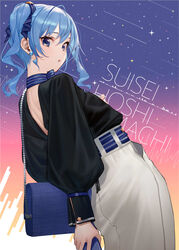  absurdres alternate_costume asymmetrical_hair backless_outfit bag belt black_shirt blouse blue_belt blue_eyes blue_hair blue_ribbon cellphone character_name commentary cowboy_shot earrings eyelashes female flat_chest hair_between_eyes hair_ribbon handbag highres holding holding_phone hololive hoshimachi_suisei jewelry light_blue_hair long_sleeves looking_at_viewer looking_back medium_hair open_mouth pants phone ribbon shirt shooting_star side_ponytail sky smartphone solo star_(sky) star_(symbol) star_earrings star_in_eye starry_background starry_sky striped striped_ribbon symbol_in_eye takubon virtual_youtuber white_pants 