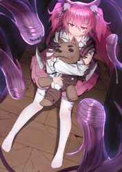  absurdres animal_ear_fluff animal_ears arknights caibao_return feet female fox_ears fox_girl fox_tail glaring highres holding holding_stuffed_toy hugging_object jacket lanyard morte_(arknights) no_shoes pantyhose photoshop_(medium) pink_hair purple_jacket purple_vest red_eyes shamare_(arknights) short_hair stuffed_animal stuffed_toy stuffed_wolf tail twintails vest white_legwear 