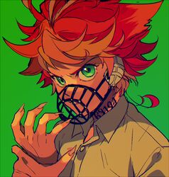  bandaid bandaid_on_ear collared_shirt commentary emma_(yakusoku_no_neverland) female fingernails frown green_background green_eyes holding holding_own_wrist looking_at_viewer muzzle neck_tattoo number_tattoo orange_hair parted_lips qin_(7833198) sharp_fingernails shirt short_hair simple_background solo tattoo upper_body white_shirt yakusoku_no_neverland 