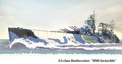  anchor anti-aircraft_gun battlecruiser camouflage cannon english_text flag g3_battlecruiser highres military military_vehicle no_humans ocean okutama_tarou original outdoors royal_navy ship smokestack turret vehicle_focus wake warship watercraft waves white_ensign 