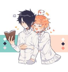  1boy ahoge black_eyes black_hair blush book closed_eyes closed_mouth collar collared_shirt commentary emma_(yakusoku_no_neverland) emnoray facing_viewer female hair_between_eyes hair_over_one_eye hand_in_pocket heart highres holding holding_book hug hug_from_behind long_sleeves looking_at_another neck_tattoo number_tattoo open_book open_mouth orange_hair pants protected_link ray_(yakusoku_no_neverland) shirt short_hair simple_background skirt smile standing tattoo upper_body white_legwear white_pants white_shirt white_skirt yakusoku_no_neverland 