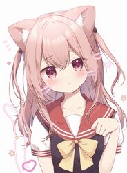  animal_ear_fluff animal_ears black_shirt blush bow brown_hair cat_ears collarbone commentary_request drawn_tail drawn_whiskers face_filter female hand_up head_tilt heart inui_sajuna kemonomimi_mode long_hair looking_at_viewer miyasaka_naco notice_lines parted_lips paw_pose red_sailor_collar sailor_collar school_uniform serafuku shirt short_sleeves simple_background solo sono_bisque_doll_wa_koi_wo_suru star_(symbol) two_side_up upper_body white_background yellow_bow 