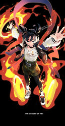  arms_up black_background black_hair black_legwear blue_eyes camouflage camouflage_shorts copyright_name dated double_bun fire full_body hair_bun high-waist_shorts highres long_sleeves looking_at_viewer luo_xiaohei_zhanji nezha_(the_legend_of_luoxiaohei) pantyhose pantyhose_under_shorts shirt shirt_tucked_in shoes shorts twitter_username vox white_shirt 