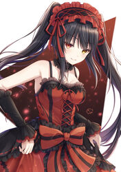  absurdres bare_shoulders black_hair black_hairband black_sleeves bow breasts closed_mouth collarbone commentary_request date_a_live detached_sleeves dress female frilled_hairband frills hairband heterochromia highres kiri_celea long_hair long_sleeves medium_breasts red_bow red_dress red_eyes red_ribbon ribbon signature sleeveless sleeveless_dress sleeves_past_wrists smile solo striped striped_bow tokisaki_kurumi twintails very_long_hair white_background yellow_eyes 