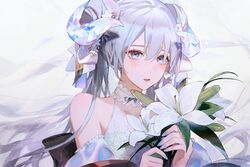  bare_shoulders bow commentary crystal dress english_commentary female flower grey_eyes grey_hair hair_between_eyes hairbow holding holding_flower horns iridescent lace lily_(flower) long_hair looking_at_viewer nail_polish original parted_lips simple_background sleeveless sleeveless_dress solo sweat twintails upper_body yueko_(jiayue_wu) 