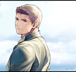  1boy bad_id bad_pixiv_id collared_shirt from_behind light_brown_hair light_smile lips looking_at_viewer male_focus piers_nivans resident_evil resident_evil_6 shirt short_hair sideburns smile solo sunlight tarowo 