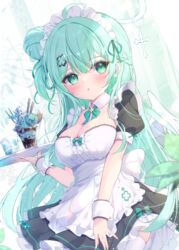  angel_wings blush breasts cleavage closed_mouth female green_eyes green_hair halo halo_ornament highres holding holding_tray large_breasts long_hair looking_at_viewer maid maid_headdress mikaze_oto original puffy_short_sleeves puffy_sleeves short_sleeves solo thighhighs tray white_thighhighs wings wrist_cuffs 