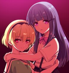  2girls arms_around_neck arms_around_waist black_hairband blonde_hair blue_hair blunt_bangs bow bowtie chromatic_aberration collared_shirt commentary dot_nose dress furude_rika gradient_background green_dress hairband highres higurashi_no_naku_koro_ni hime_cut houjou_satoko hug long_hair looking_at_viewer multiple_girls neckerchief parted_lips pink_bow pink_bowtie pink_eyes red_eyes sailor_collar sailor_dress sana423 school_uniform serafuku shirt short_hair short_sleeves sidelocks skirt smile suspender_skirt suspenders white_shirt yellow_neckerchief 