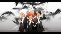  18_(backstreetno18) 2boys ahoge animal animal_on_arm animal_on_head arm_up bird bird_on_arm bird_on_head black_hair black_jacket black_necktie black_suit blue_eyes blush closed_mouth collar collared_shirt emma_(yakusoku_no_neverland) facing_viewer female flying formal green_eyes grey_background grey_eyes grey_skirt grey_vest hair_between_eyes hair_over_one_eye jacket letterboxed long_sleeves looking_at_viewer looking_up multiple_boys neck_tattoo necktie norman_(yakusoku_no_neverland) number_tattoo on_head open_mouth orange_hair pants photoshop_(medium) ray_(yakusoku_no_neverland) shirt short_hair simple_background skirt smile standing suit tattoo teeth upper_body vest white_bird white_hair white_shirt yakusoku_no_neverland 