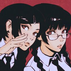  2girls black_hair black_necktie black_sweater braid collared_shirt commentary dress_shirt earrings glasses hair_ornament hairclip hand_on_own_cheek hand_on_own_face ilya_kuvshinov jewelry lips long_hair looking_at_viewer multiple_girls necktie original patterned_background portrait red_background red_eyes shirt short_hair sweater twintails whispering white_shirt 