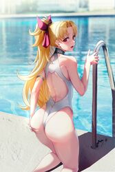  alternate_costume alternate_hairstyle armlet ass ass_grab back backless_swimsuit bare_shoulders blonde_hair blush commentary_request competition_swimsuit day ereshkigal_(fate) fate/grand_order fate_(series) feet_out_of_frame female from_behind grabbing_own_ass hair_up highleg highleg_swimsuit highres kneeling long_hair looking_at_viewer looking_back one-piece_swimsuit open_mouth outdoors parted_bangs ponytail pool pool_ladder poolside red_eyes sleeveless solar_(happymonk) solo swimsuit teeth thighs tongue water 