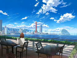  aircraft airplane blue_sky breasts brown_hair brown_skirt building bush cafe chair city cityscape cloud commentary_request contrail cup day female harbor holding holding_cup medium_breasts original outdoors railing restaurant scenery shirt shurock sitting skirt sky skyline skyscraper solo table tower white_shirt 