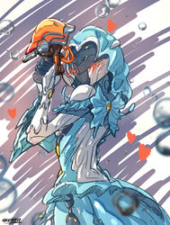  artist_name blue_bow blue_skirt blush bow bubble commentary english_commentary female from_behind gao_ex_kaiser gloves grineer gun heart helmet highres holding holding_gun holding_weapon hood hood_up looking_back science_fiction secondary_weapon_(warframe) skirt solo warframe weapon white_gloves yareli_(warframe) 