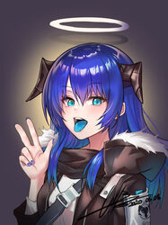  arknights beruko14 black_coat blue_eyes blue_hair blue_nails blue_tongue blush coat colored_tongue dated female fingernails fur-trimmed_coat fur_trim gradient_background halo highres hood hood_down hooded_coat horns long_fingernails long_hair long_sleeves looking_at_viewer md5_mismatch mostima_(arknights) nail_polish open_clothes open_coat open_mouth resolution_mismatch sidelocks signature smile solo source_larger tongue tongue_out upper_body w 