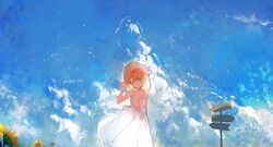  adjusting_clothes adjusting_headwear ahoge arm_up artist_name blue_sky bow brown_hat closed_mouth cloud cloudy_sky collarbone commentary day dress emma_(yakusoku_no_neverland) female flower green_eyes hair_between_eyes hair_ornament hairclip hat hat_bow highres light looking_at_viewer lucky_small_pride neck_tattoo number_tattoo orange_hair outdoors pointer short_hair signpost sky sleeveless sleeveless_dress smile solo standing summer sundress sunflower tattoo twitter_username white_bow white_dress wind yakusoku_no_neverland yellow_flower 