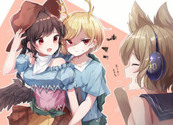  3girls ara_ara black_hair blonde_hair glaring haniyasushin_keiki hat headphones horns jealous kurokoma_saki moshihimechan multiple_girls red_eyes simple_background touhou toyosatomimi_no_miko wings 