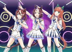  3girls alternate_costume animal_ears arm_up blue_eyes blunt_bangs boots bow bowtie braid brown_hair commentary_request cross-laced_footwear ear_covers ear_piercing epaulettes french_braid hair_flaps hair_ornament hairband high_ponytail highres hime_cut holding holding_microphone horse_ears horse_girl horse_tail horseshoe_print idol_clothes jacket knee_boots lace-up_boots light_brown_hair long_hair microphone multicolored_hair multiple_girls one_eye_closed orange_hair piercing pink_bow pleated_skirt purple_eyes shibuya_note short_sleeves shorts sidelocks silence_suzuka_(umamusume) skirt special_week_(umamusume) streaked_hair tail tokai_teio_(umamusume) two-tone_hair umajiri_gyuunyuu umamusume waist_bow white_bow white_bowtie white_hairband 