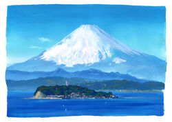  blue_sky boat building cloud commentary_request enoshima forest highres island landscape lighthouse mount_fuji mountain nature no_humans ocean original outdoors plant scenery shonan211 sky snow tower tree water watercraft 