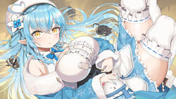  absurdres ahoge bare_shoulders beret blue_bow blue_bowtie blue_coat blue_hair blue_nails blue_skirt blush bow bowtie braid breasts center_frills cleavage cleavage_cutout clothing_cutout coat collared_shirt colored_tips curvy daifuku_(yukihana_lamy) elf eyebrows_hidden_by_hair eyelashes female flower food frilled_shirt frilled_skirt frilled_thighhighs frills fur-trimmed_coat fur_trim hair_between_eyes hair_flower hair_ornament half_updo hat heart heart_ahoge highres hololive huge_breasts long_hair looking_at_viewer lying marshmallow miniskirt multicolored_hair nail_polish niizuka_(c-drop) off_shoulder on_back parted_lips pleated_skirt pointy_ears shirt skindentation skirt sleeveless sleeveless_shirt snowflake_hair_ornament snowflake_print solo streaked_hair tearing_up thick_thighs thighhighs thighs underbust very_long_hair virtual_youtuber white_hat white_shirt white_thighhighs yellow_eyes yukihana_lamy yukihana_lamy_(1st_costume) 