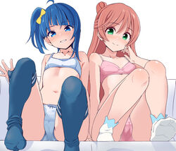  2girls ahoge ankle_socks blue_bra blue_eyes blue_hair blue_panties blue_thighhighs bow bow_bra bow_panties bra breasts closed_mouth commentary green_eyes hairbow hirogaru_sky!_precure long_hair looking_at_viewer multiple_girls navel nijigaoka_mashiro panties pc_fworks pink_bra pink_panties precure red_hair short_hair side_ponytail simple_background sitting small_breasts smile socks sora_harewataru thighhighs training_bra underwear underwear_only white_background white_socks yellow_bow 