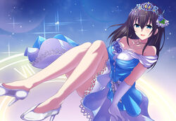  bare_shoulders black_hair blue_dress blue_eyes breasts cleavage commentary_request dress dutch_angle female full_body full_moon gloves hair_ornament high_heels idolmaster idolmaster_cinderella_girls large_breasts looking_at_viewer medium_breasts moon necktie off-shoulder_dress off_shoulder sagisawa_fumika sitting solo sparkle tiara white_footwear white_gloves yuu_(oosakazaijyuu) 