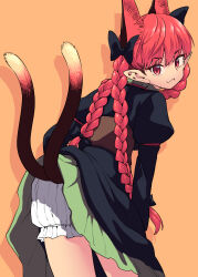  absurdres animal_ears black_dress bloomers bow braid cat_ears cat_tail clothes_lift cowboy_shot dress dress_lift extra_ears female fuuzasa hairbow highres kaenbyou_rin long_hair long_sleeves looking_at_viewer multiple_tails nekomata oerba_yun_fang orange_background red_eyes red_hair simple_background solo tail touhou twin_braids two_tails white_bloomers 