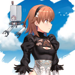  2b_(nier:automata) 2b_(nier:automata)_(cosplay) black_hairband blue_sky breasts brown_eyes brown_hair cloud commentary_request cosplay female floating hair_ornament hairband hairclip juliet_sleeves leotard long_sleeves looking_to_the_side medium_hair misaka_mikoto nier:automata nier_(series) non-humanoid_robot pod_(nier:automata) puffy_sleeves raika9 robot science_fiction shirai_kuroko sky small_breasts toaru_kagaku_no_railgun toaru_majutsu_no_index toaru_majutsu_no_index:_imaginary_fest twitter_username two-tone_leotard white_leotard 