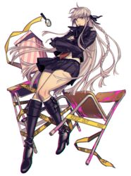  belt_boots black_footwear boots bow braid chair coat commentary danganronpa:_trigger_happy_havoc danganronpa_(series) female gloves hairbow highres kirigiri_kyoko knee_boots komiya_kuniharu light_purple_hair long_hair magnifying_glass pleated_skirt simple_background skirt solo white_background yellow_eyes 