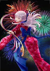  animal animal_print ass bell bird black_background bridal_gauntlets bug butterfly butterfly_print commentary_request feet_out_of_frame female fire_emblem fire_emblem:_radiant_dawn fire_emblem_heroes fireworks grey_hair harumiya_(hayatobi23) highres holding japanese_clothes jingle_bell kagura_suzu kimono long_hair looking_at_viewer micaiah_(fire_emblem) micaiah_(hoshidan_summer)_(fire_emblem) obi official_alternate_costume parted_lips sandals sash smile standing wide_sleeves yellow_eyes yukata yune_(fire_emblem) 