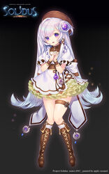  :d apple_caramel artist_name beret blush boots brown_footwear brown_hat character_request commentary_request copyright_name dress female flipped_hair full_body grey_background grey_hair hair_between_eyes hair_bun hands_up hat head_tilt highres knee_boots kneehighs long_hair official_art open_mouth own_hands_together photoshop_(medium) puffy_short_sleeves puffy_sleeves purple_eyes short_sleeves single_hair_bun single_side_bun smile socks solidus solo standing thighs very_long_hair white_dress white_socks wrist_cuffs 