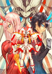  1boy back-to-back bangs black_bodysuit black_hair blue_eyes blue_horns bodysuit breasts clenched_hand commentary_request couple darling_in_the_franxx female gloves green_eyes hair_ornament hairband hand_on_own_chest hiro_(darling_in_the_franxx) horns long_hair mecha medium_breasts oni_horns pilot_suit pink_hair red_bodysuit red_gloves red_horns red_pupils sabamisob short_hair straight strelizia white_gloves white_hairband zero_two_(darling_in_the_franxx) 