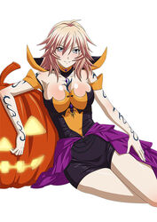  breasts cleavage collarbone eyebrows female grey_eyes hair_between_eyes ikkitousen jack-o&#039;-lantern large_breasts long_hair photoshop_(medium) pumpkin shibai_chuutatsu simple_background sitting smile solo tattoo white_background 